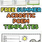 A collage of six printable summer acrostic poem templates using the word "SUNSHINE" in bold letters along the side. Some templates include beach scenes, a sun, and palm trees. The center text reads "Free Summer Acrostic Poem Templates" in colorful block letters.