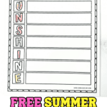 A single printable worksheet with the word "SUNSHINE" written vertically along the left, each letter in a colored box. Blank spaces are provided to write each line of the acrostic poem. Below the image is the title “Free Summer Acrostic Poem Worksheets” in colorful, playful font.