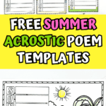 A vertical collage of six sunshine-themed acrostic poem templates, including beach scenes, suns, and palm trees. The title “Free Summer Acrostic Poem Templates” is shown in bold, colorful letters over a bright yellow background.