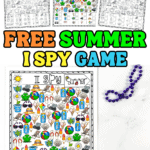A printable "I Spy Summer" game with three versions shown at the top—two in black-and-white and one fully colored. The featured game board is filled with colorful icons like beach items, sunscreen, popsicles, bugs, and beach chairs. Bold text in neon-style colors reads “FREE SUMMER I SPY GAME,” and a string of purple beads is placed beside the printable.