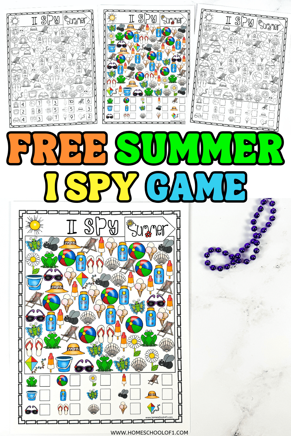 A printable "I Spy Summer" game with three versions shown at the top—two in black-and-white and one fully colored. The featured game board is filled with colorful icons like beach items, sunscreen, popsicles, bugs, and beach chairs. Bold text in neon-style colors reads “FREE SUMMER I SPY GAME,” and a string of purple beads is placed beside the printable.
