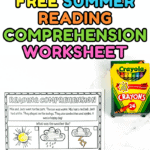 A set of printable black-and-white summer-themed reading comprehension worksheets for kids, featuring short passages, illustrated weather options, and multiple-choice questions. Bold, colorful text at the center reads "Free Summer Reading Comprehension Worksheet" in playful fonts.