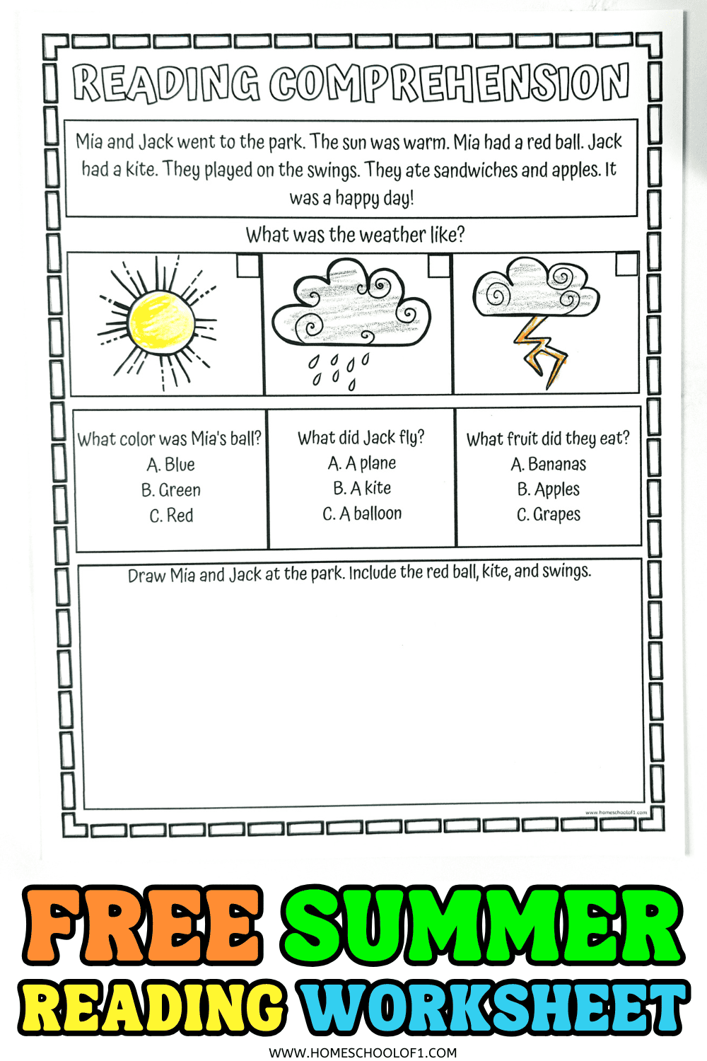 A single reading comprehension worksheet for young learners with a short story about Mia and Jack going to the park on a sunny day. Includes illustrations of different weather types and questions about the story, plus a drawing prompt. Bright text at the bottom says "Free Summer Reading Worksheet."