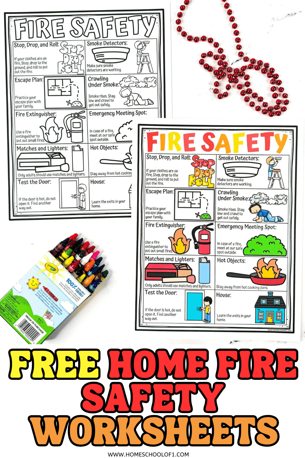 Home safety worksheet for kids featuring sorting tasks on emergency actions, safety equipment, and general fire precautions


