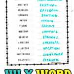 A close-up of a completed "July Word Scramble" worksheet with a decorative border and colorful bunting flags. Scrambled words such as "EEDEENNCIDPN" and "VIELFAST" are neatly solved in bright blue handwriting with answers like "INDEPENDENCE," "FESTIVAL," "BOATING," and "SUNFLOWER" written next to each scramble.