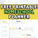 Colorful printable homeschool lesson planner and weekly overview pages for tracking goals, to-dos, and assignments.