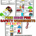 Educational fire safety at home worksheet with cut-and-sort images to teach children emergency actions and equipment