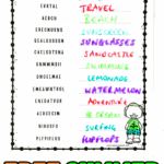 A close-up of a completed summer word scramble worksheet. Each scrambled word is matched with a colorfully handwritten answer: Travel, Beach, Sunscreen, Sunglasses, Sandcastle, Swimming, Lemonade, Watermelon, Adventure, Ice Cream, Surfing, and Flip Flops. A smiling cartoon child in beachwear stands in the lower right corner.