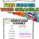 Two black-and-white printable summer word scramble worksheets are shown side by side. Each sheet lists 12 scrambled words with blank lines to the right for answers. The background includes a cartoon child in swimwear, and summer-themed words like “TRAVEL,” “BEACH,” and “SUNGLASSES” are typed along the edges as hints.