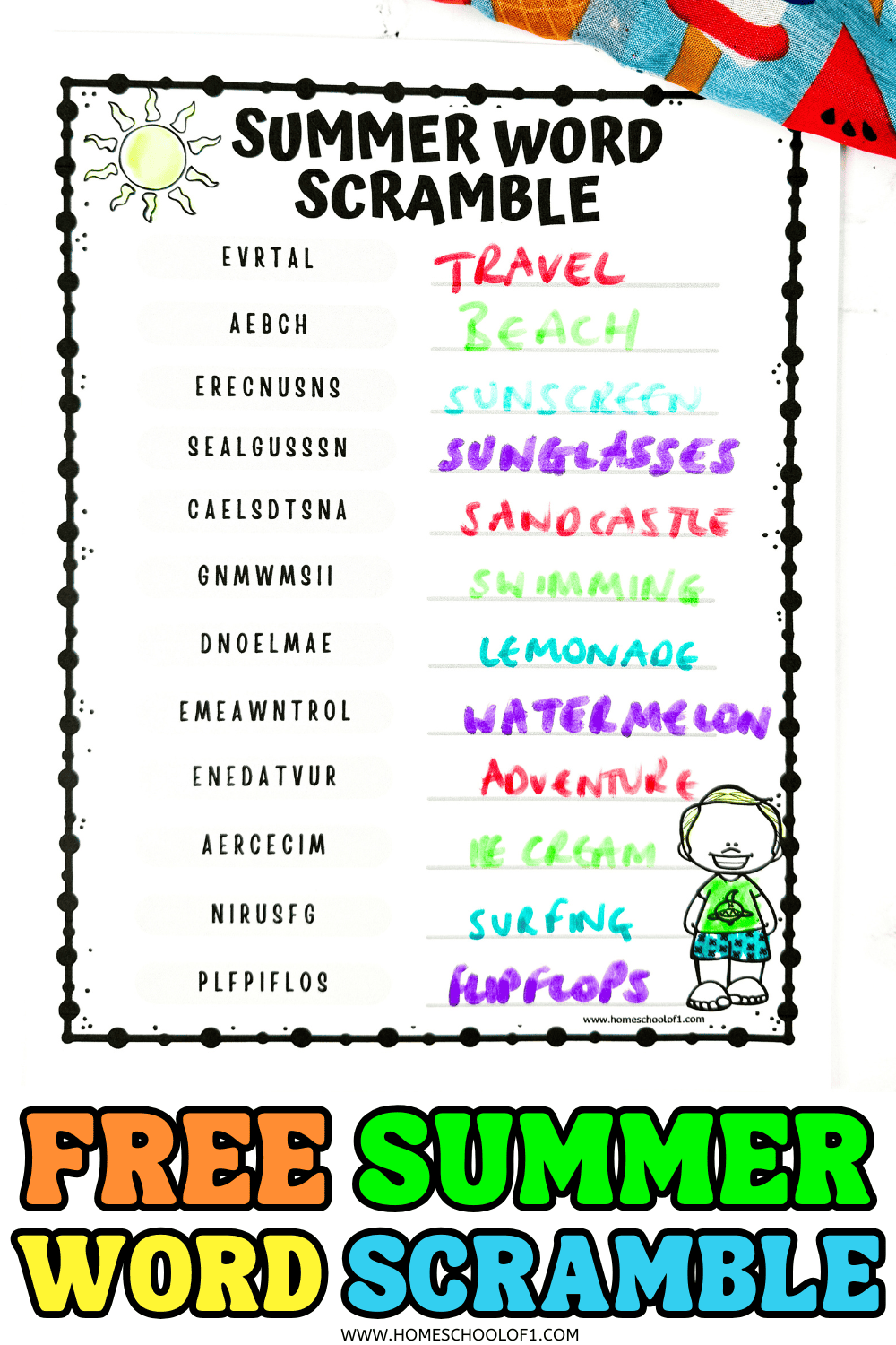 A close-up of a completed summer word scramble worksheet. Each scrambled word is matched with a colorfully handwritten answer: Travel, Beach, Sunscreen, Sunglasses, Sandcastle, Swimming, Lemonade, Watermelon, Adventure, Ice Cream, Surfing, and Flip Flops. A smiling cartoon child in beachwear stands in the lower right corner.
