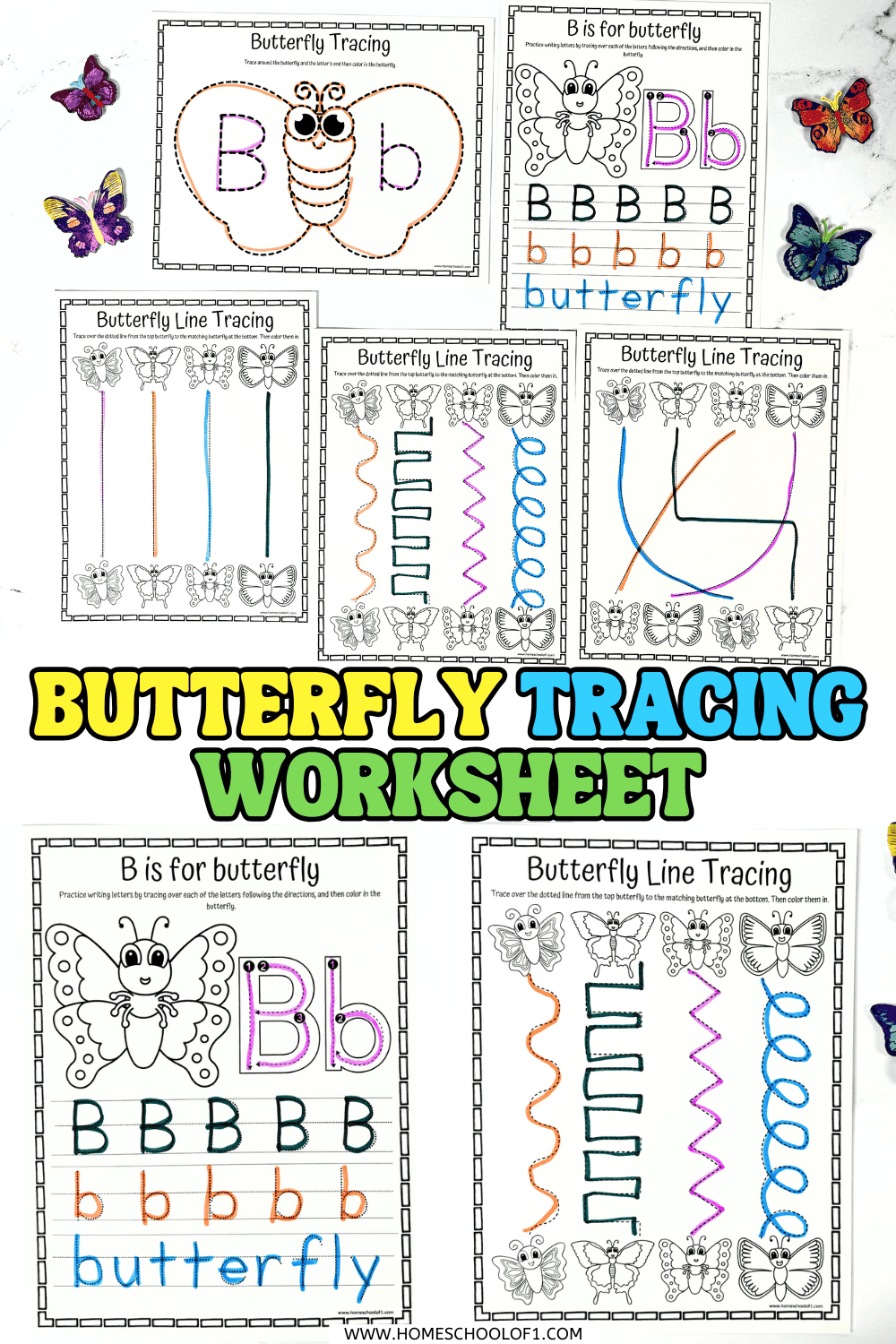 Free butterfly tracing worksheets for preschool featuring line patterns, letter B tracing, and dot-to-dot designs to build fine motor skills.