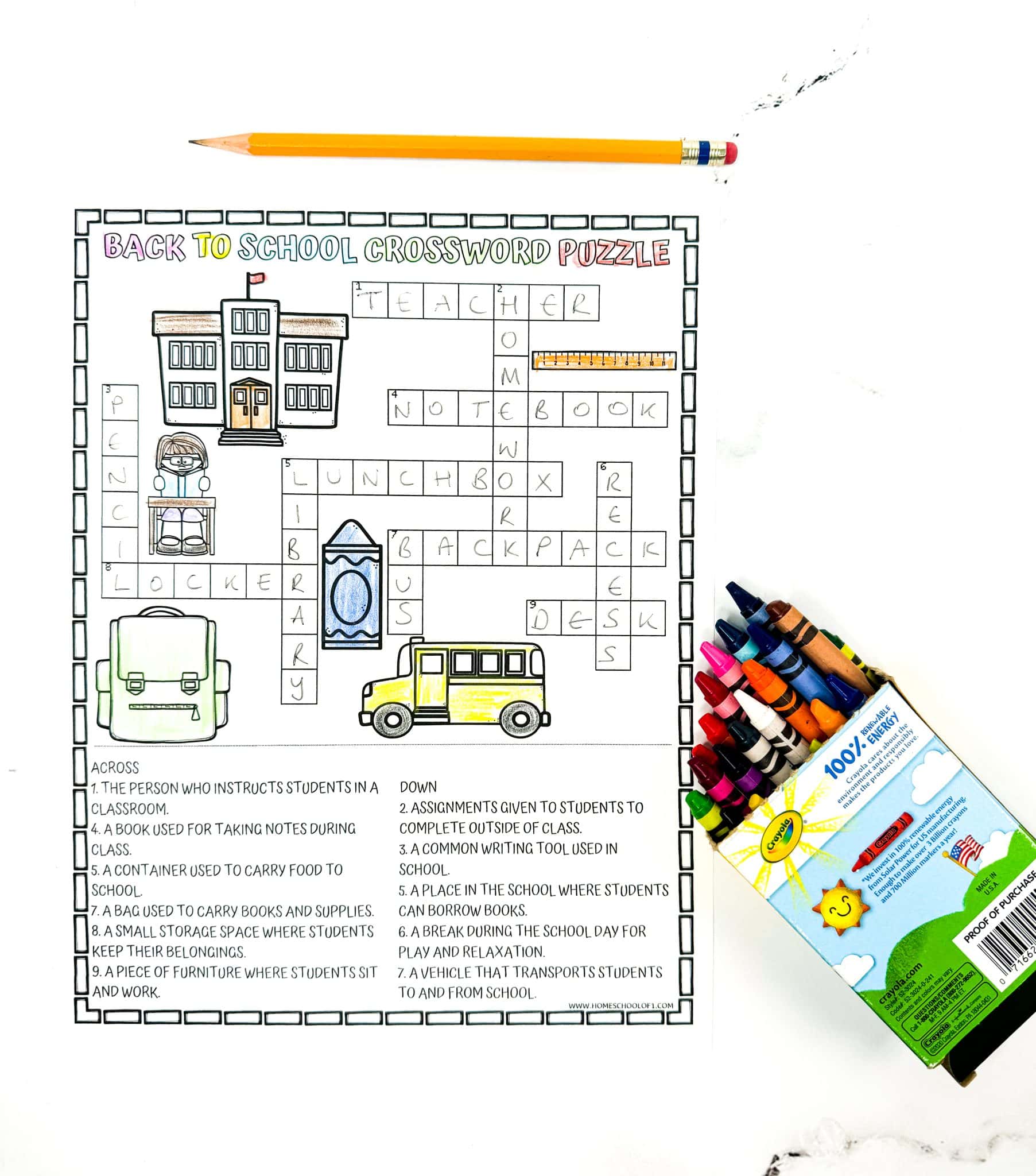 Free Back to School Crossword Puzzle Printable