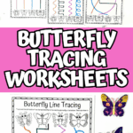 Set of free butterfly tracing worksheets for preschoolers with straight, curved, and zigzag lines to trace and color.