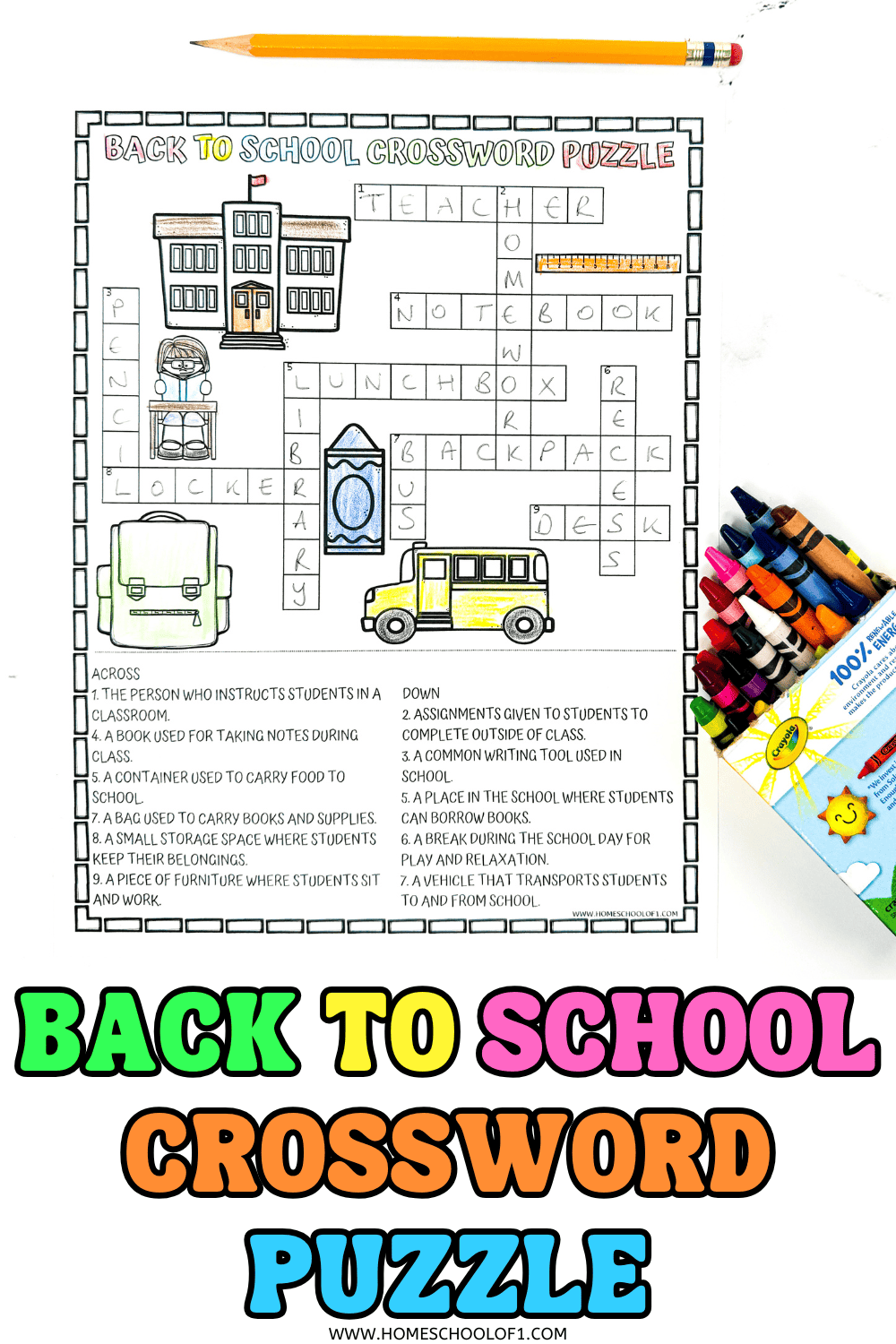 Fun printable back to school crossword puzzle for kids featuring clues about classroom items like books, lockers, and teachers.