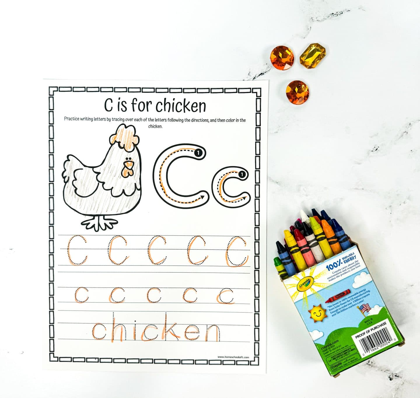 c is for chicken printable, practice writing letters by tracing over each of the letters. C c and chicken surrounded by amber beads and crayola crayons.