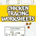 Printable chicken tracing activity sheets for preschoolers, including letter recognition and handwriting practice.