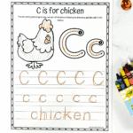 C is for chicken handwriting worksheet with uppercase and lowercase letter tracing and coloring activity.