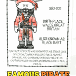 Coloring page of Bartholomew Roberts, also known as Black Bart, featuring a cartoon-style pirate drawing with fun historical facts. Part of the Famous Pirate Coloring Worksheets set.