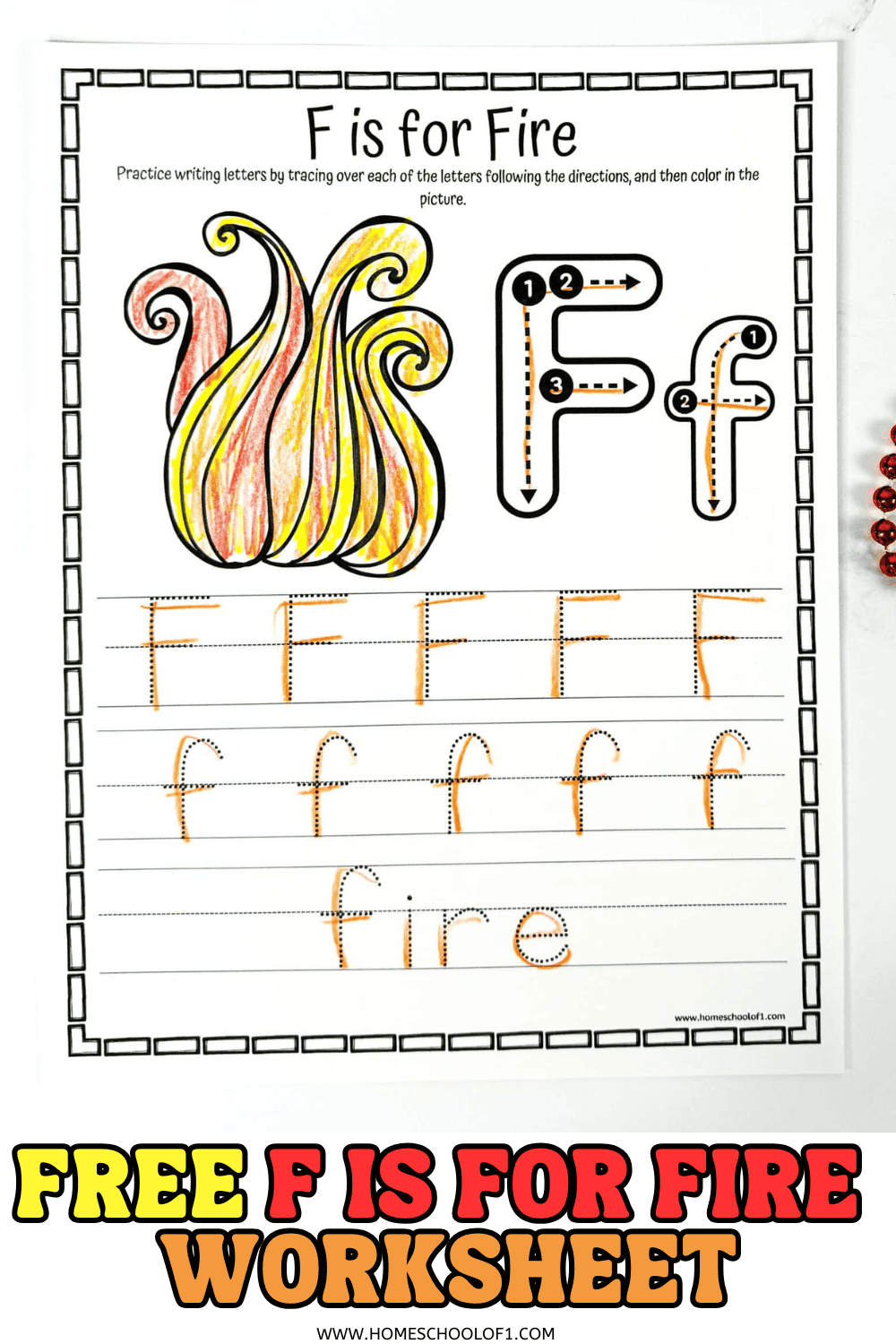 F is for Fire worksheet showing uppercase and lowercase letter tracing with a flame image for preschool fine motor practice.