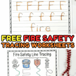 Fire safety tracing worksheets for preschool featuring letter F tracing, fire-themed images, and line tracing paths.