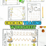 Free printable chicken tracing worksheets for preschool and kindergarten with line tracing and letter C practice.