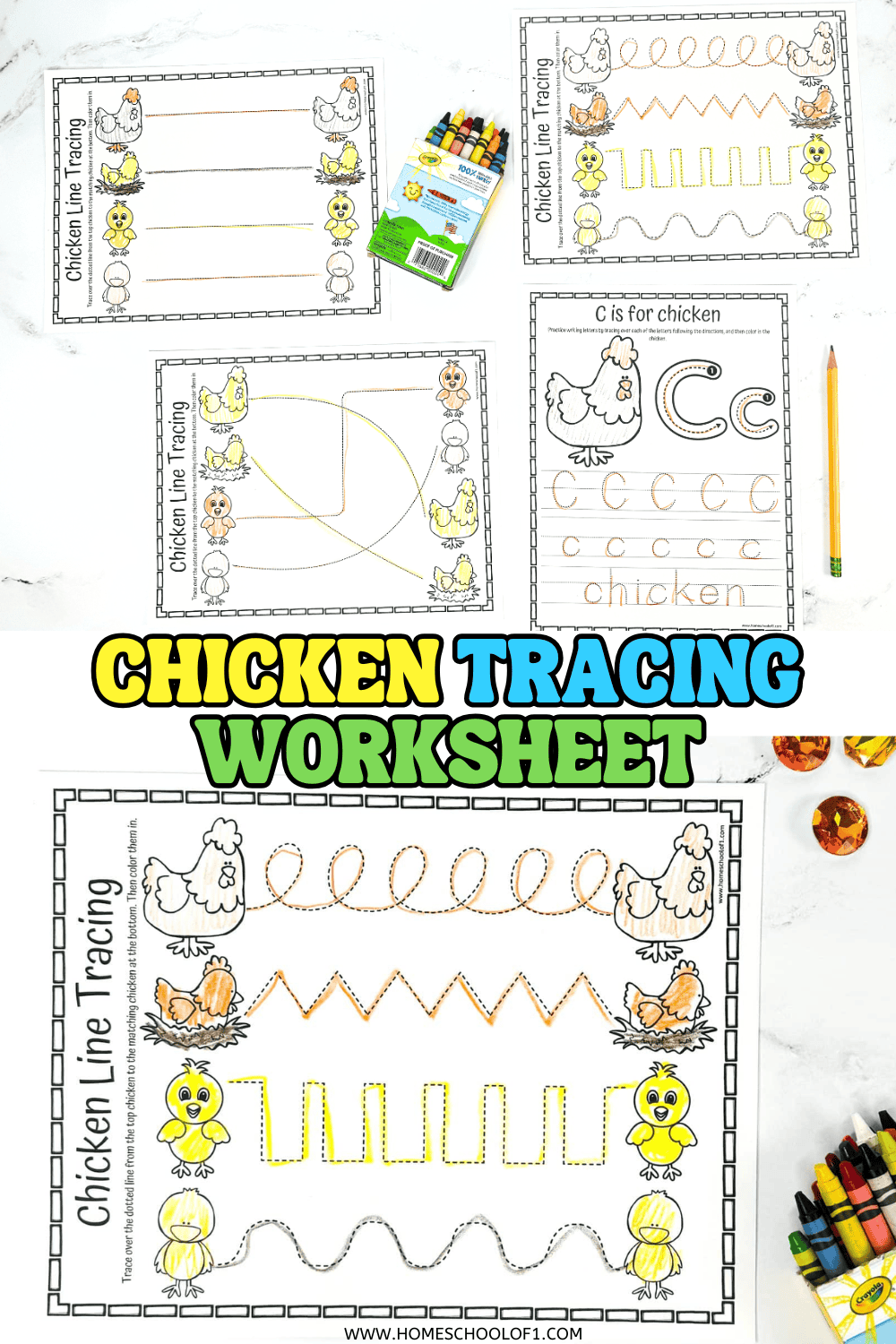 Free printable chicken tracing worksheets for preschool and kindergarten with line tracing and letter C practice.