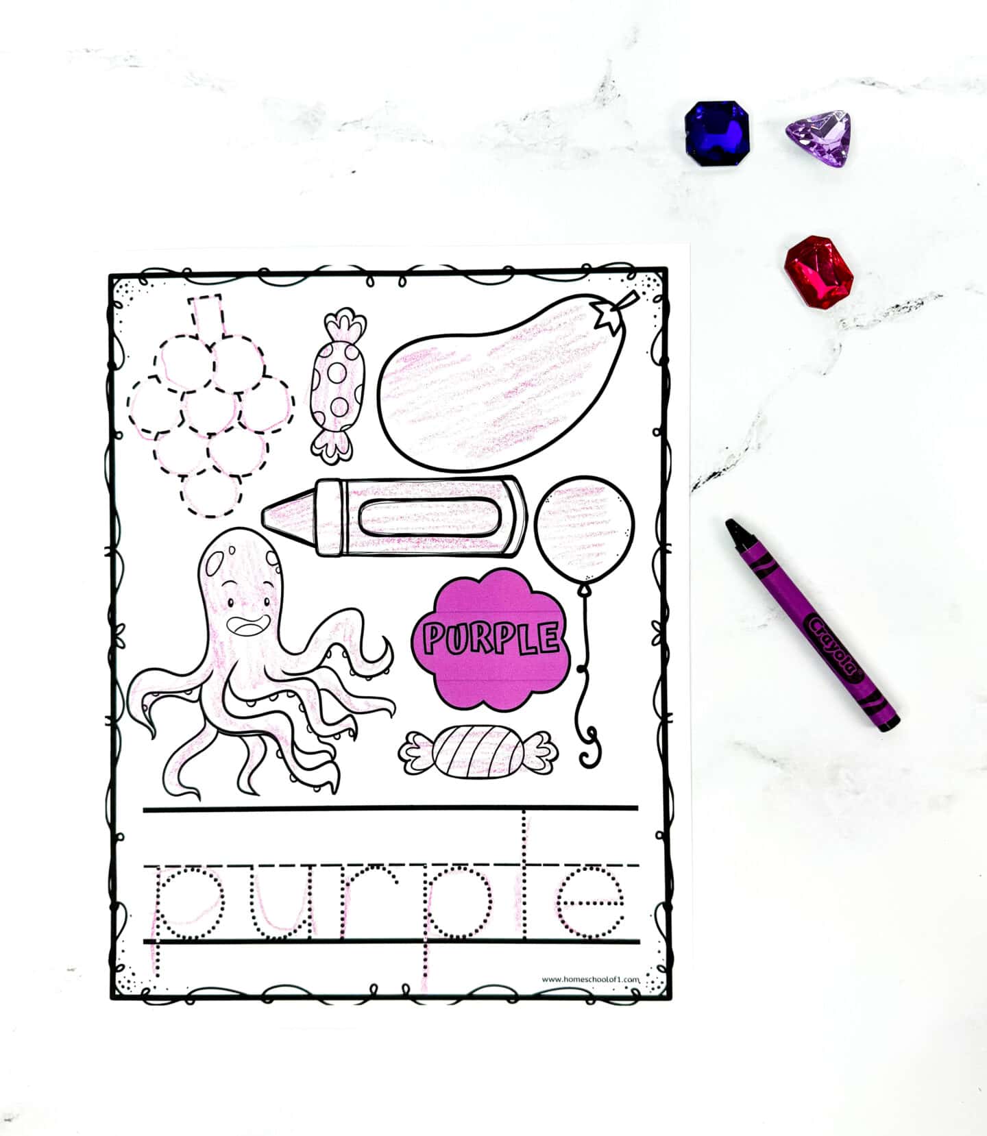 free color purple worksheet with purple gems and a purple crayon
