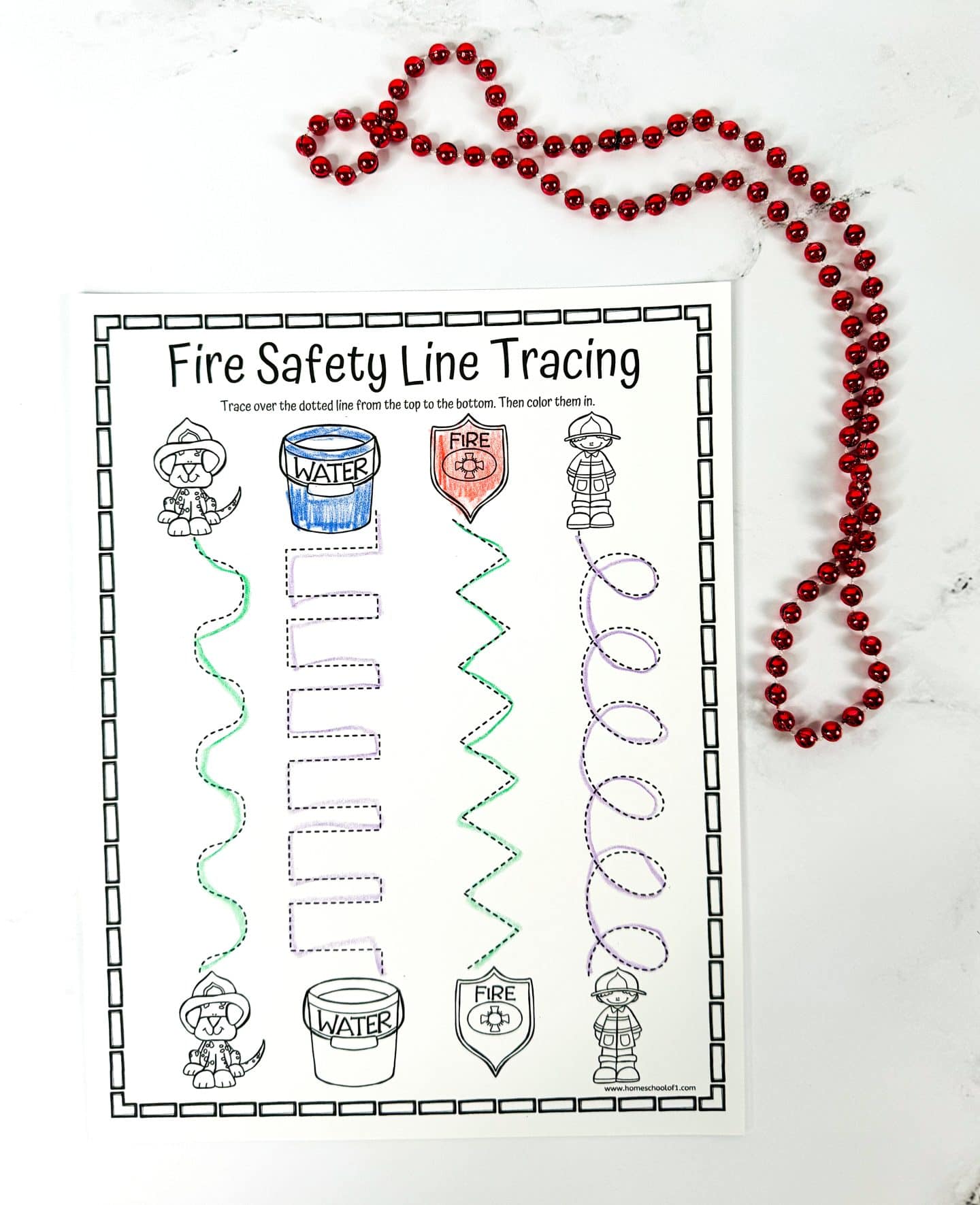 free fire safety line tracing printable with red beads for decoration.
