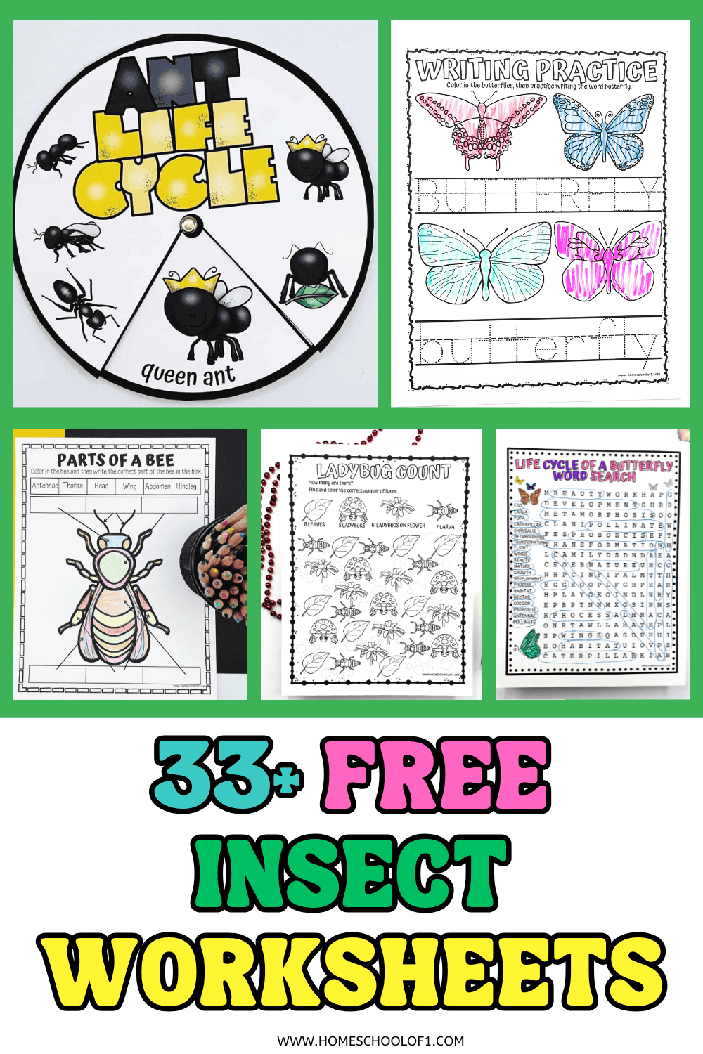 Free insect worksheets for kids with ant life cycle spinner, bee parts labeling, butterfly tracing, and ladybug math activity.