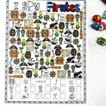 Colorful pirate I Spy printable featuring pirate ships, treasure maps, skulls, and more for kids to count and find.