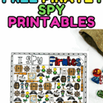 Set of three free pirate I Spy printables for kids, including a full-color version and black-and-white worksheets to count and color pirate-themed items.