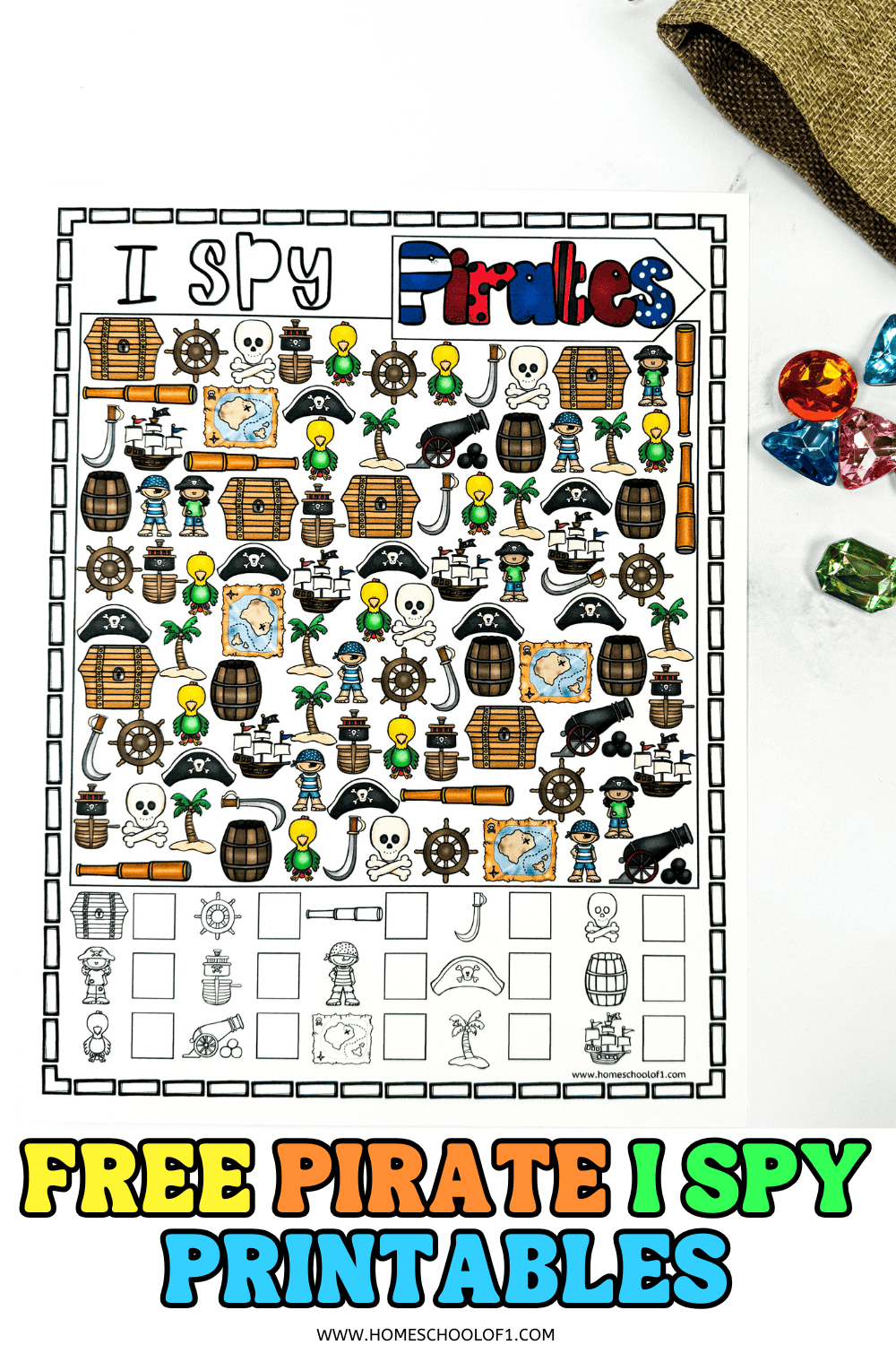 Colorful pirate I Spy printable featuring pirate ships, treasure maps, skulls, and more for kids to count and find.

