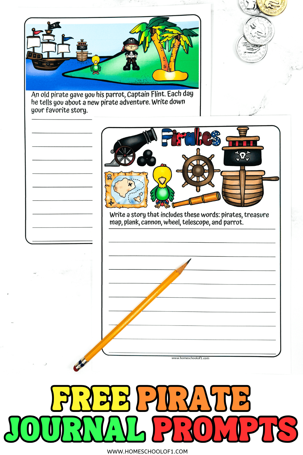 Free printable pirate journal prompts for kids featuring creative story starters and colorful illustrations.

