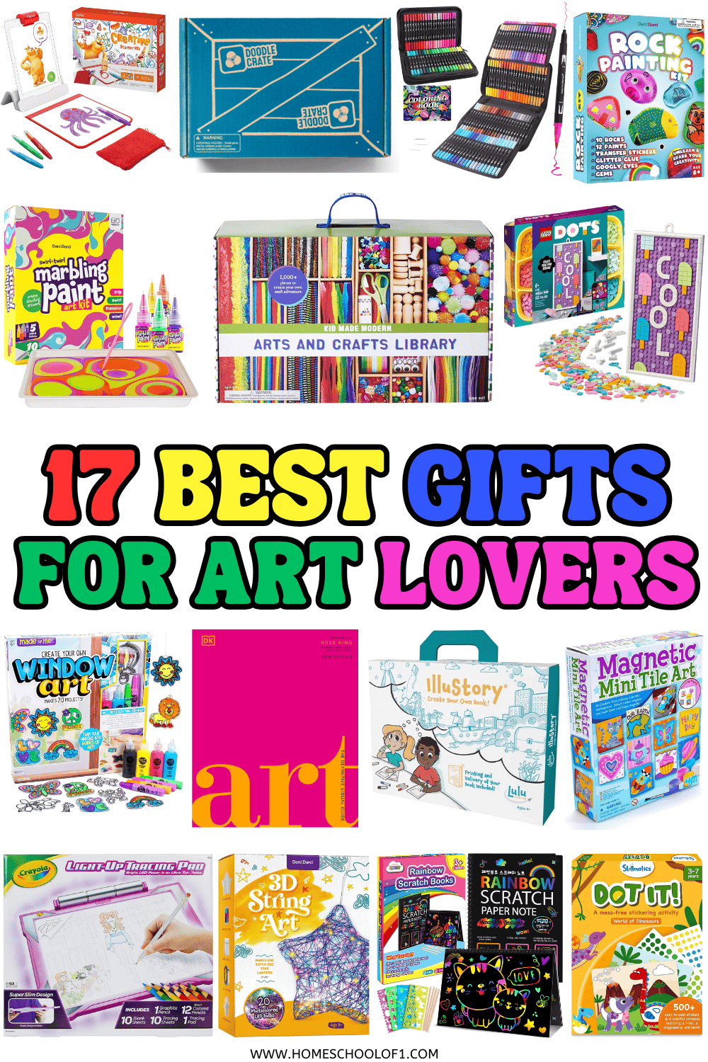 Colorful collage of 17 best gifts for kids who love art, including art kits, supplies, and creative projects for young artists.