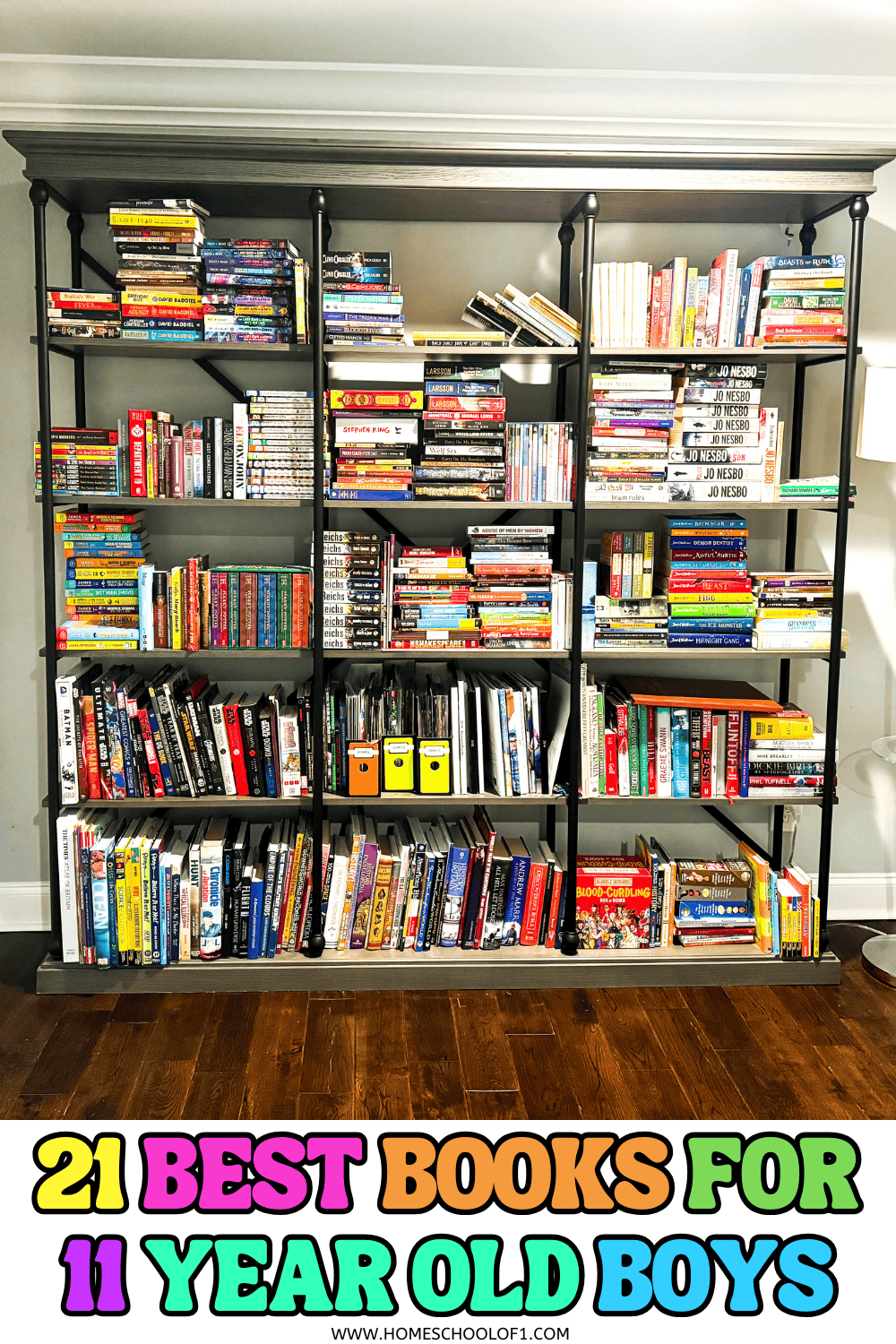 Large bookshelf filled with children's and middle grade books, with text overlay reading “21 Best Books for 11 Year Old Boys” from Homeschool of 1