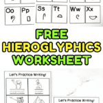 Colorful educational collage featuring free printable hieroglyphics worksheets. It includes alphabet cards pairing letters with Egyptian symbols, practice writing sheets with words like “camel,” “scarab,” and “papyrus,” and an activity matching words to Ancient Egyptian-themed pictures. A box of crayons is also visible, suggesting it's a kid-friendly resource.
