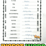 Free insect word scramble printable with 12 insect names for kids to unscramble, includes word bank and answer key.
