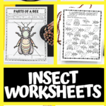 Insect-themed worksheets for children featuring bee anatomy, ladybug counting, butterfly word search, and caterpillar labeling.