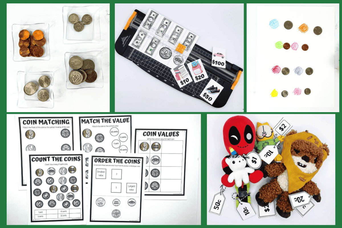 Collage of hands-on money activities for kindergarteners, including coin sorting in trays, pretend paper bills, crayon rubbings of coins, toy pricing with tags, and printable worksheets labeled “Coin Matching,” “Match the Value,” “Count the Coins,” “Order the Coins,” and “Coin Values.”