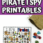 Printable pirate I Spy activity pages for kids showing full-color and black-and-white versions, ideal for counting and coloring pirate-themed objects.