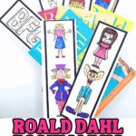 Colored Roald Dahl character bookmarks spread out on top of his books, including Matilda, BFG, and Willy Wonka designs.