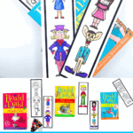 Free printable Roald Dahl bookmarks to color featuring book characters, displayed with Matilda, BFG, and Charlie books.
