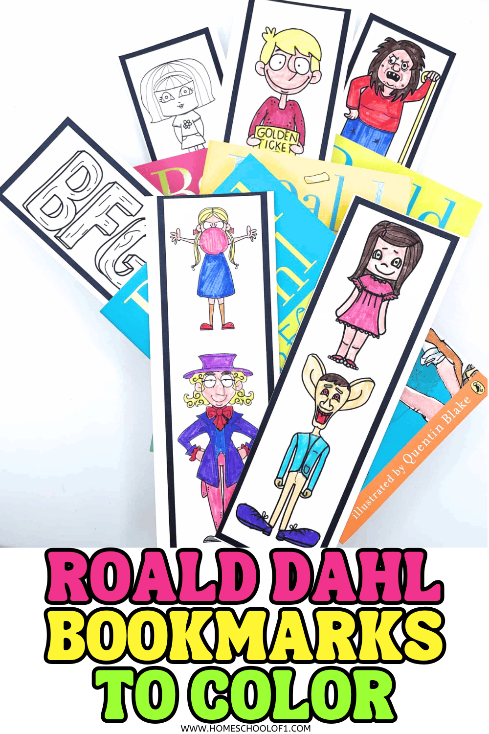 Colored Roald Dahl character bookmarks spread out on top of his books, including Matilda, BFG, and Willy Wonka designs.

