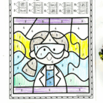 Free printable science color by number worksheet showing a young scientist in safety goggles, labeled with numbers for color matching.