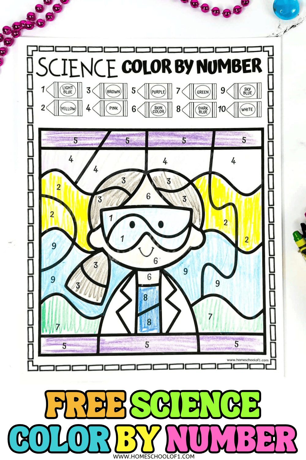 Free printable science color by number worksheet showing a young scientist in safety goggles, labeled with numbers for color matching.

