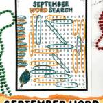 Free printable September word search for kids featuring 20 fall-themed words like harvest, equinox, pumpkin, and football.