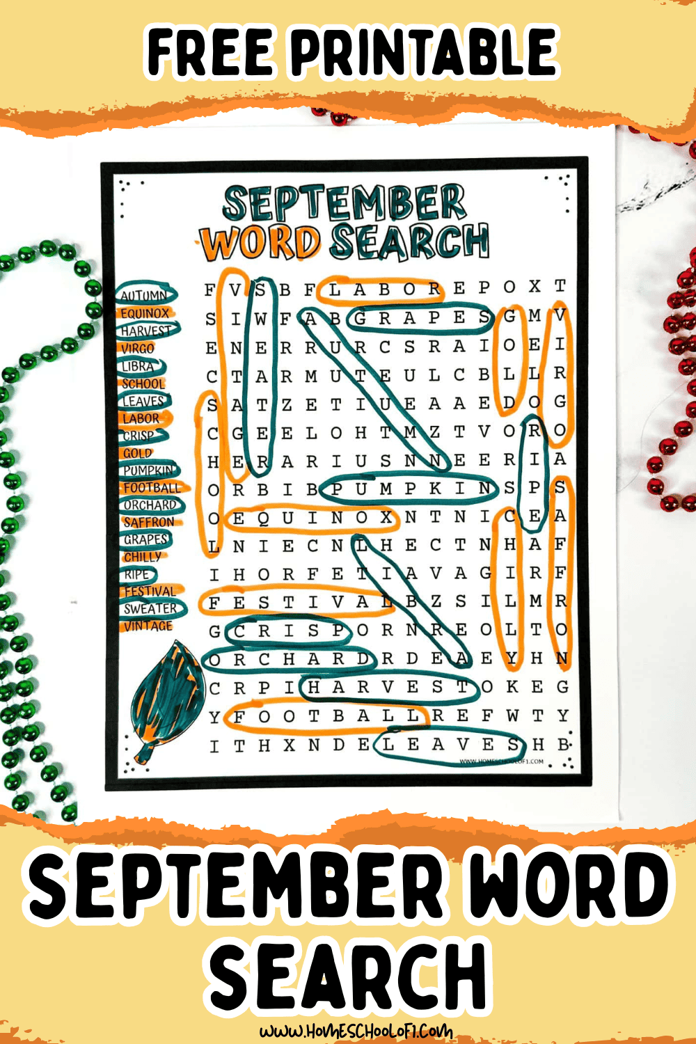 Free printable September word search for kids featuring 20 fall-themed words like harvest, equinox, pumpkin, and football.