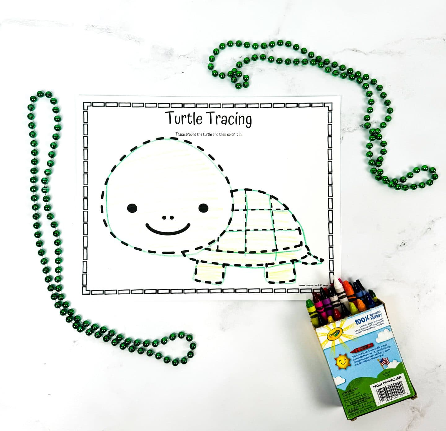 turtle tracing sheet, draw around the tutle shape. with green beads and crayola crayons as decoration