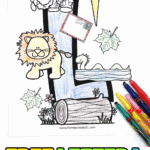 Free printable Letter L coloring page featuring a lion, lamb, leaf, lightning bolt, letter, log, and Loch Ness Monster for preschool learning.