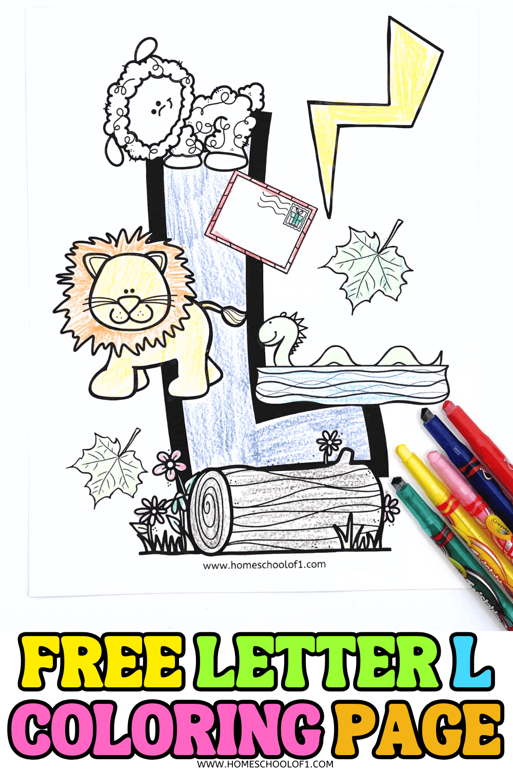 Free printable Letter L coloring page featuring a lion, lamb, leaf, lightning bolt, letter, log, and Loch Ness Monster for preschool learning.